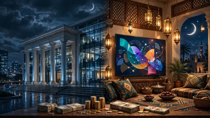 رسم تحريري يجمع بين مبنى مؤسسة مالية دولية وشاشات تلفزيون في رمضان وحملات إعلانات شركات الاتصالات