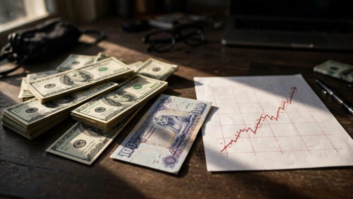 أوراق دولار أمريكي وجنيه مصري بجانب مخطط مخاطر ائتمان صاعد على مكتب تداول
