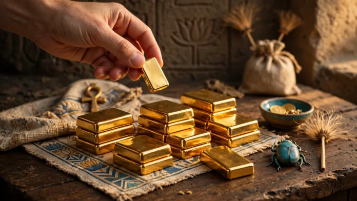 يد تمسك سبيكة ذهب صغيرة فوق سبائك ذهبية - حسن الصادي ينصح بشراء سبائك الذهب المادية