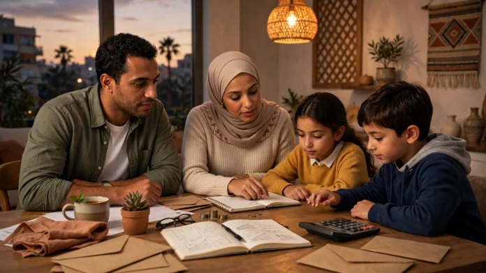 أسرة مصرية تخطط لميزانيتها حول مائدة الطعام