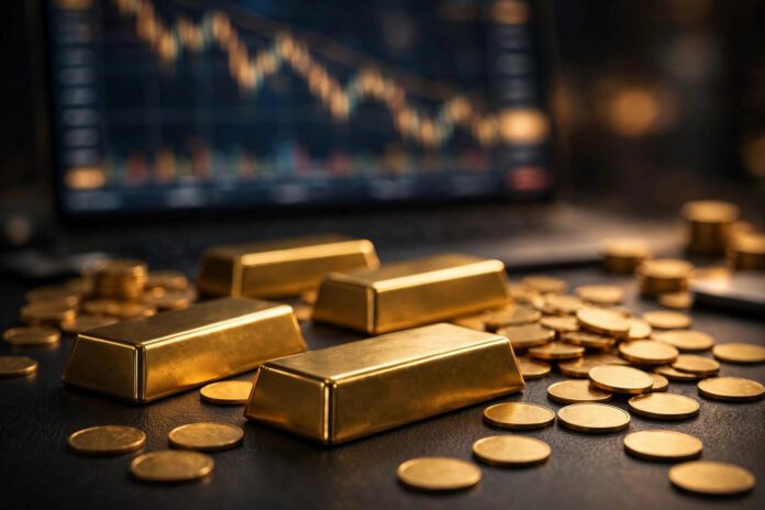 سبائك وعملات ذهبية على طاولة تداول مع مخطط سوق هابط في الخلفية