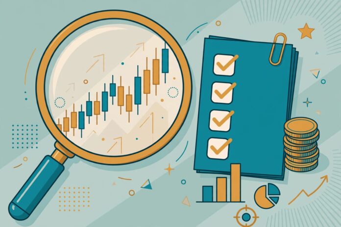 img-how-to-pick-stocks-egypt عدسة مكبرة تفحص رسمًا بيانيًا لأسهم صاعدة