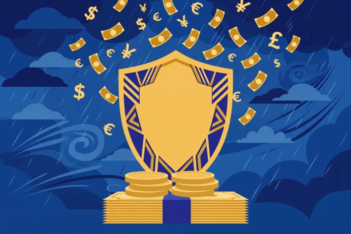 درع واق يحمي عملات ذهبية وأوراق نقدية من عاصفة