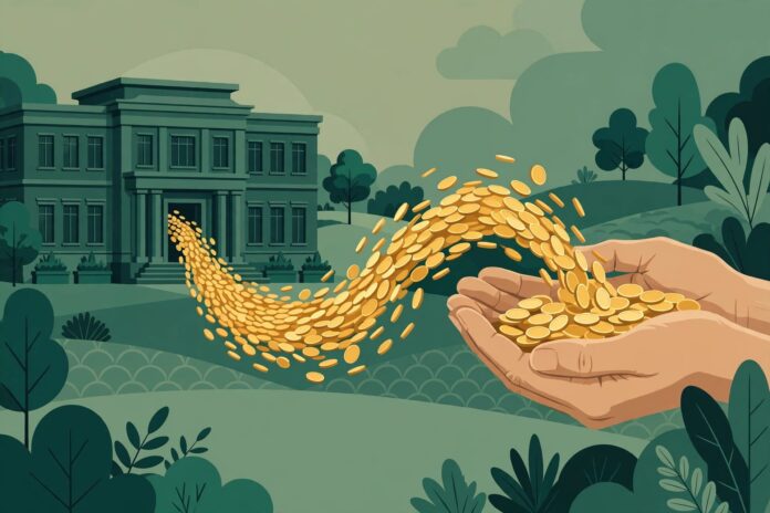 عملات ذهبية تتدفق من مبنى شركة إلى أيدي مستثمر