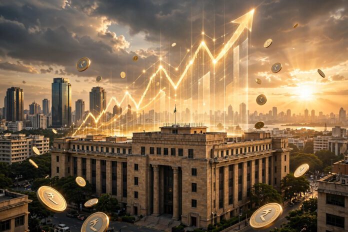 مبنى البنك المركزي الهندي في مومباي مع رسم بياني صاعد وعملات الروبية بعد قرار رفع الفائدة في الهند إلى 5.5% في 7 أكتوبر 2026