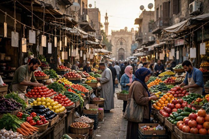 سوق شعبي في القاهرة مع بضائع الخضار والفاكهة وبطاقات الأسعار