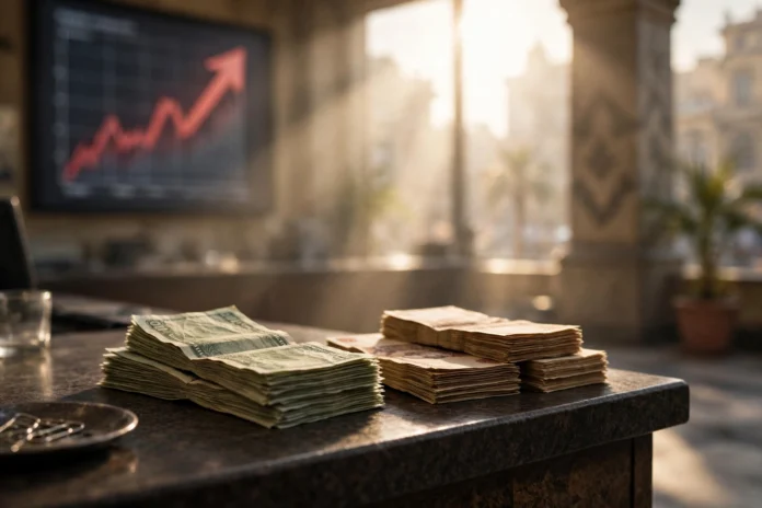أوراق دولار أمريكي وجنيه مصري على شباك بنك في القاهرة