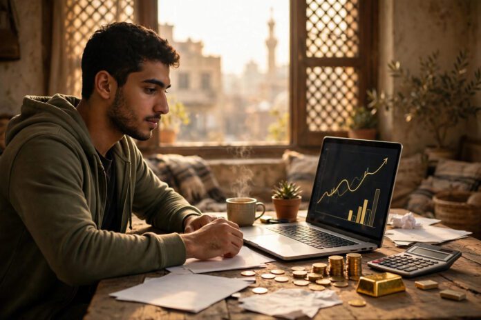 شاب مصري يدرس الاستثمار عبر اللابتوب وبجانبه عملات ذهبية