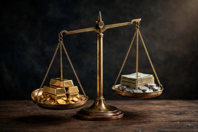 ميزان يقارن بين الذهب والدولار كخياري استثمار