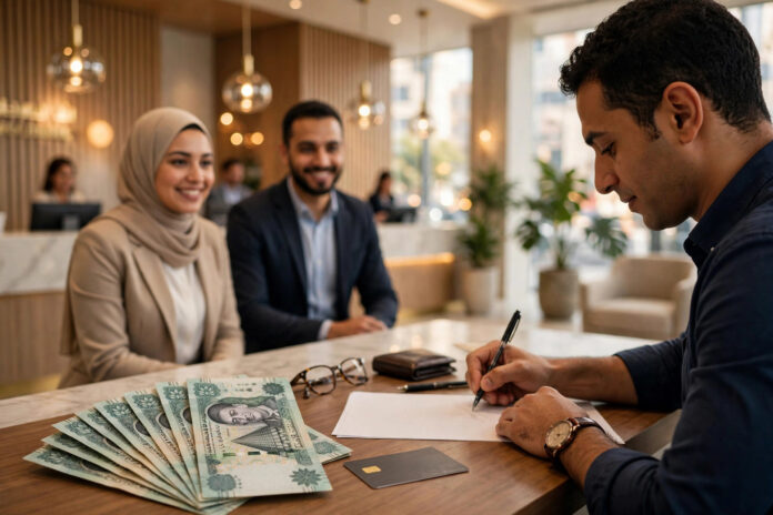 فتح حساب بنكي في مصر 2026 — عميل يوقع مستندات فتح الحساب داخل فرع بنك حديث