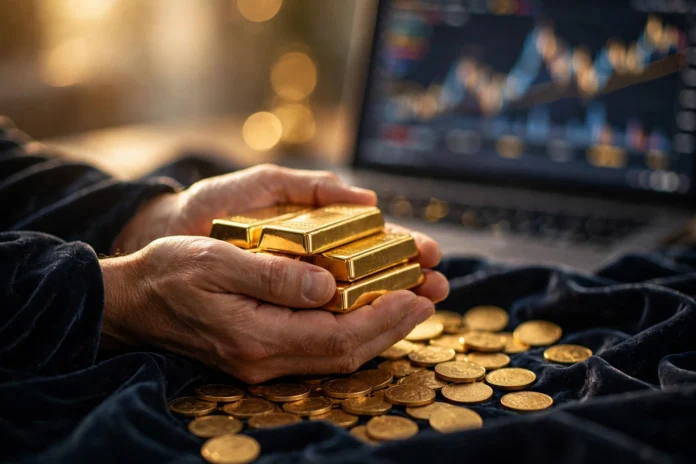 أيدي تمسك سبائك ذهبية وعملات ذهبية