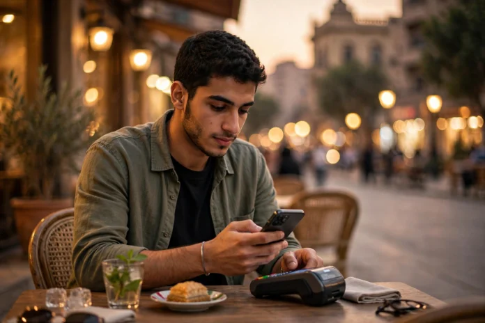 شاب مصري يدفع عبر الهاتف المحمول في مقهى بالقاهرة