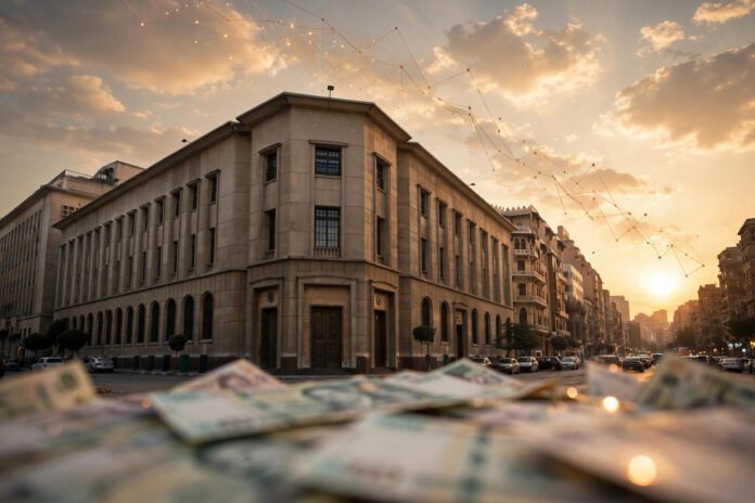 مبنى البنك المركزي المصري في القاهرة مع رسم بياني يعكس تراجع التضخم الأساسي إلى 14.1% في سبتمبر 2026