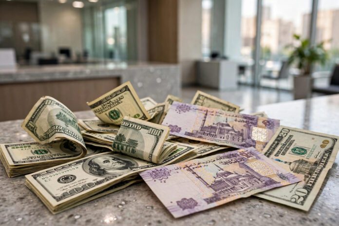 أوراق نقدية من الدولار الأمريكي والجنيه المصري على منضدة بأحد البنوك - سعر الدولار اليوم