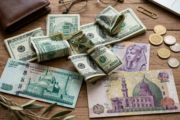 أوراق دولار أمريكي وجنيهات مصرية على مكتب