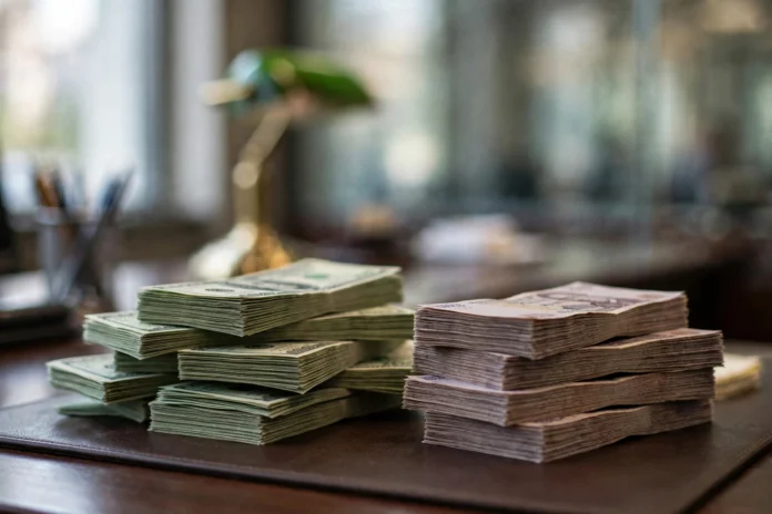 media-generation-dollar-retreat-featured-0-bd01df89-73f2-472a-9599-89344b9a119b أوراق نقدية مصرية ودولارات أمريكية على مكتب صرافة في بنك، في إشارة إلى تراجع سعر الدولار أمام الجنيه المصري
