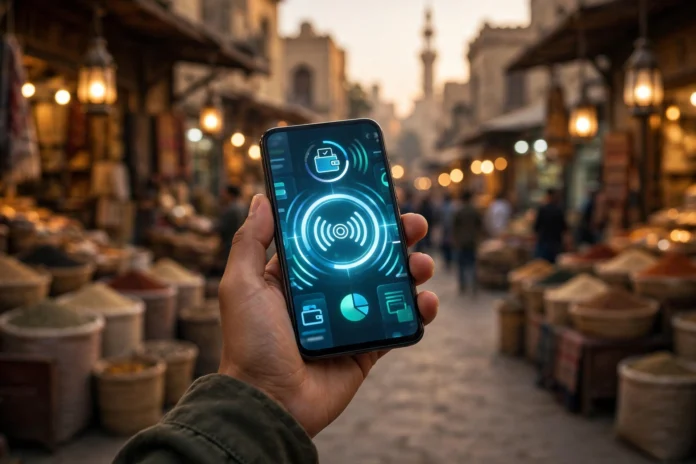 يد تمسك هاتفًا ذكيًا للدفع الإلكتروني في سوق مصري يد تمسك هاتفًا ذكيًا للدفع الإلكتروني في سوق مصري