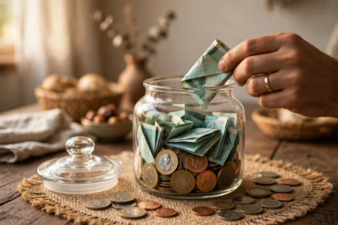 حصالة زجاجية بأوراق نقد مصرية على طاولة خشبية