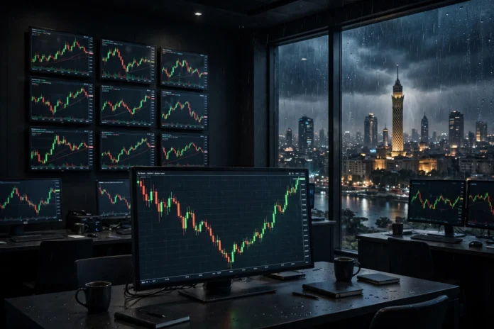 شاشات تداول البورصة المصرية ورسم بياني لمؤشر EGX30 يقترب من تكوين قاع