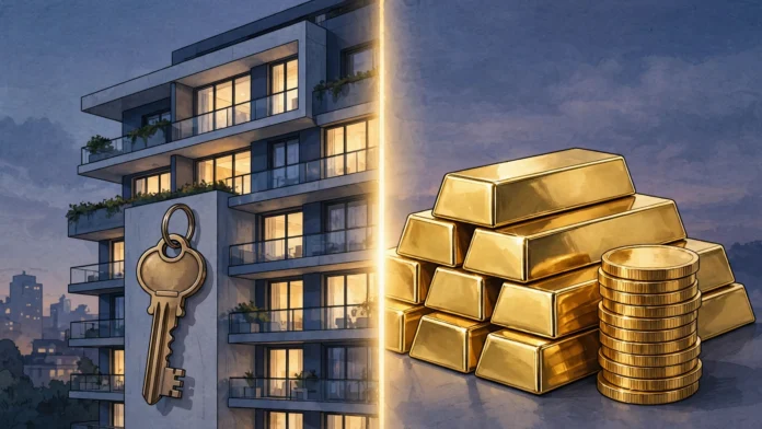 مبنى سكني حديث مقابل سبائك ذهبية يفصل بينهما خط مضيء
