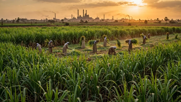 مزارعون مصريون يحصدون قصب السكر في الحقول مع مصنع سكر في الأفق