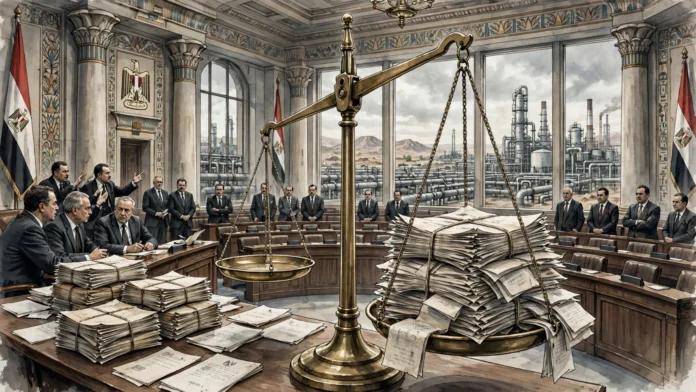 رسم تعبيري لقاعة برلمان تناقش الدين العام وميزان مثقل بأوراق الضمانات الحكومية وأنابيب طاقة في الخلفية رسم تعبيري لقاعة برلمان تناقش الدين العام وميزان مثقل بأوراق الضمانات الحكومية وأنابيب طاقة في الخلفية
