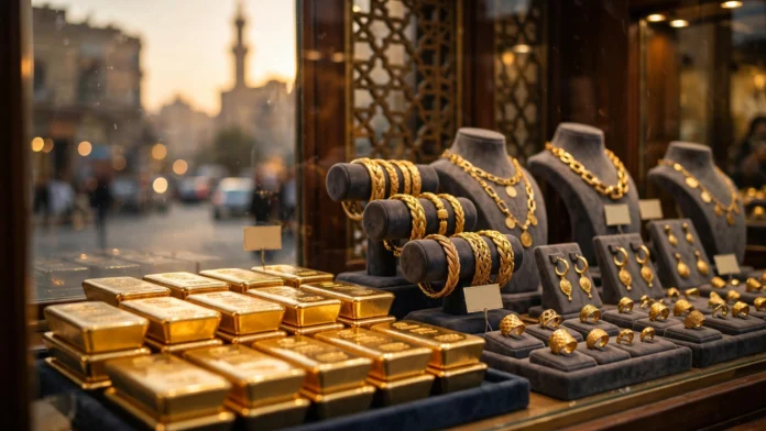سبائك ومشغولات ذهبية في واجهة محل صاغة بالقاهرة بإضاءة دافئة