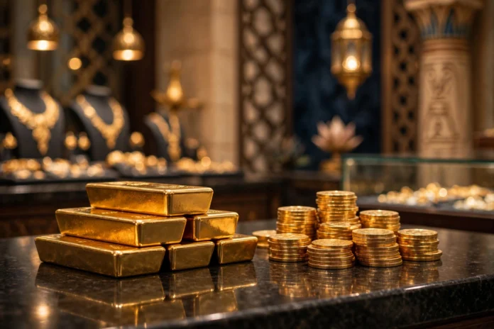 سبائك وعملات ذهبية مضيئة على خلفية داكنة دون أي نص