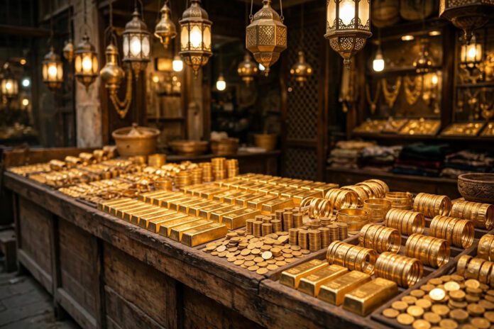 سبائك ومشغولات ذهبية معروضة في سوق الصاغة بالقاهرة