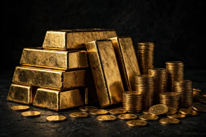 سبائك وعملات ذهبية على خلفية داكنة تعكس تراجع أسعار الذهب في مصر والعالم