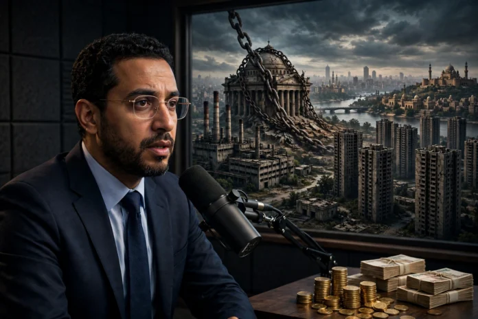 صورة تعبيرية لخبير اقتصادي مصري يتحدث في بودكاست وخلفه رموز الديون والمصانع المتعثرة والأبراج السكنية الخالية والذهب وأذون الخزانة وأفق القاهرة