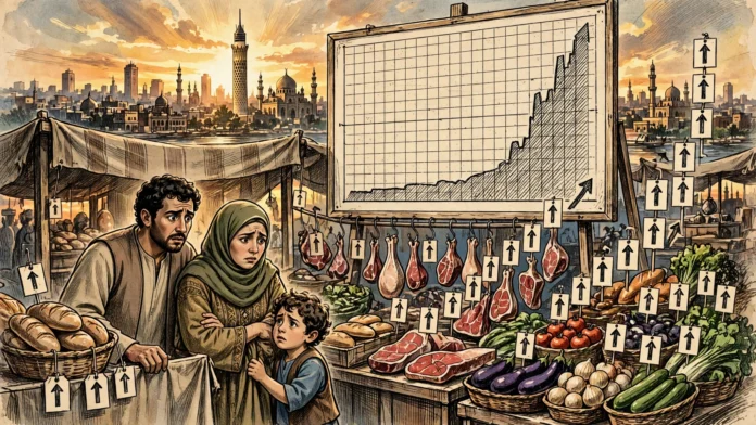 رسم تعبيري لأسرة مصرية في سوق تنظر بقلق إلى ارتفاع أسعار العيش واللحوم والخضروات بينما يعرض مخطط رسمي رقمًا منخفضًا في الخلفية