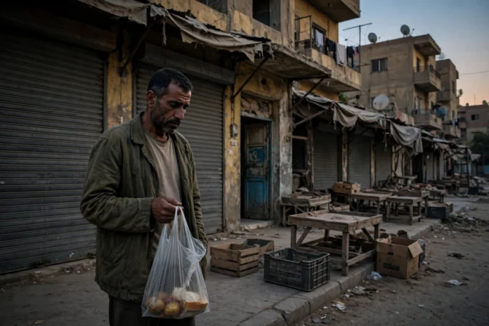 صورة تعبيرية لأب مصري متعب يقف أمام محل مغلق في حي شعبي بالقاهرة وقت الغروب حاملًا كيس مشتريات شبه فارغ