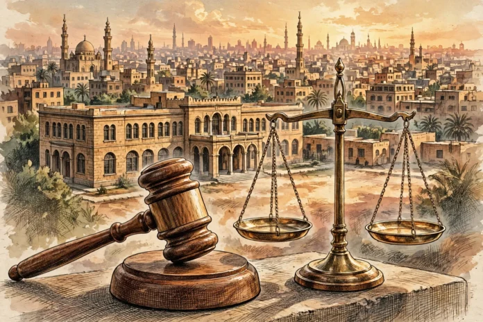 رسم تعبيري لميزان عدالة ومطرقة قضاء أمام أفق مدينة مصرية ومبنى مدرسة، يرمز إلى تطبيق القانون وحماية التعليم