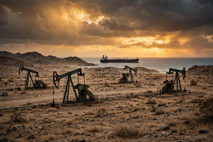 مضخات نفط وناقلة نفط عند الغروب - أسعار النفط وبرنت وغرب تكساس