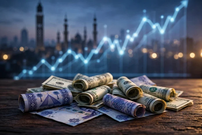 الدولار الأمريكي والجنيه المصري على مكتب مع رسم بياني صاعد