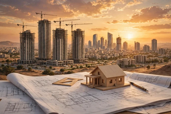 أبراج سكنية حديثة ورافعات بناء في المدن الجديدة بمصر