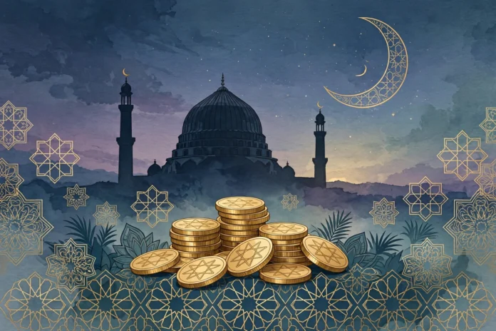 قبة مسجد مع زخارف إسلامية وعملات ذهبية