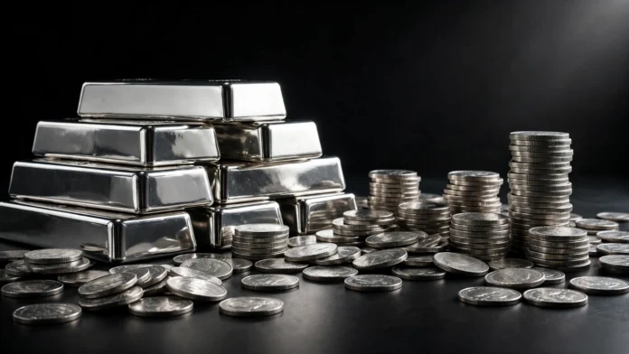 media-generation-silver-bars-oct20-0-21b45a99-6175-4483-b300-2906350b0bd9 سبائك وعملات فضية على خلفية داكنة - أسعار الفضة في مصر