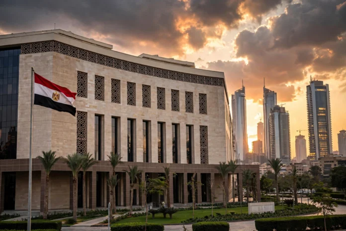 مبنى وزارة المالية المصرية وأبراج العاصمة الإدارية وقت الغروب