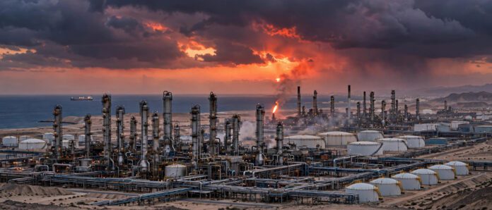 منشآت نفطية وطاقة خليجية — أكتوبر 2026 منشأة نفطية ومنشآت طاقة خليجية عند الغروب وسط تصاعد التوترات الإقليمية في المنطقة