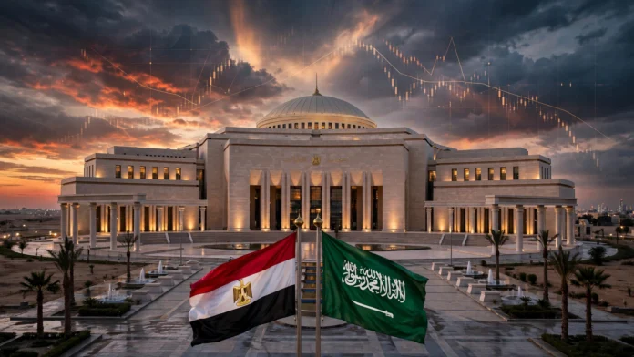 parliament-saudi-authorization مبنى البرلمان المصري في العاصمة الجديدة وأعلام مصر والسعودية - تفويض السيسي لدعم السعودية