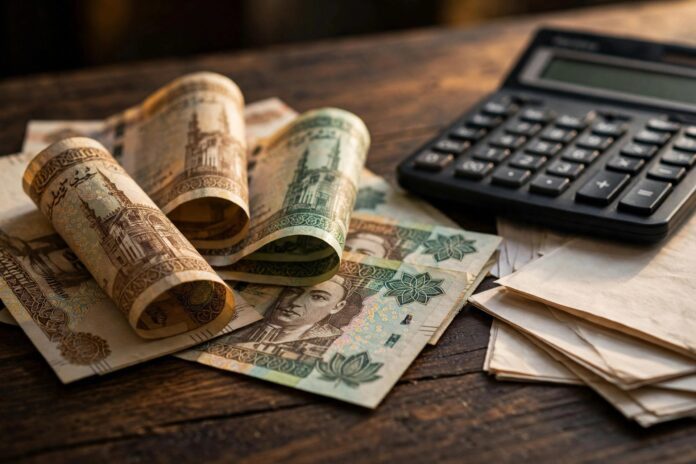أوراق نقد مصرية وآلة حاسبة — تعبير عن الاستثمار في أذون الخزانة
