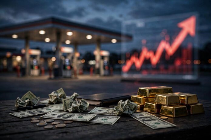 محطة وقود عند الغروب وسبائك ذهب وأوراق دولار على مكتب تداول في أجواء أخبار اقتصادية