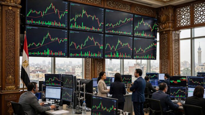 البورصة المصرية قاعة تداول وشاشات مؤشرات خضراء وحمراء في جلسة الاثنين 19 أكتوبر 2026