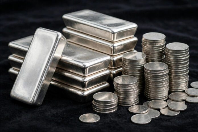 سبائك وعملات فضية على سطح داكن - أسعار الفضة في مصر اليوم
